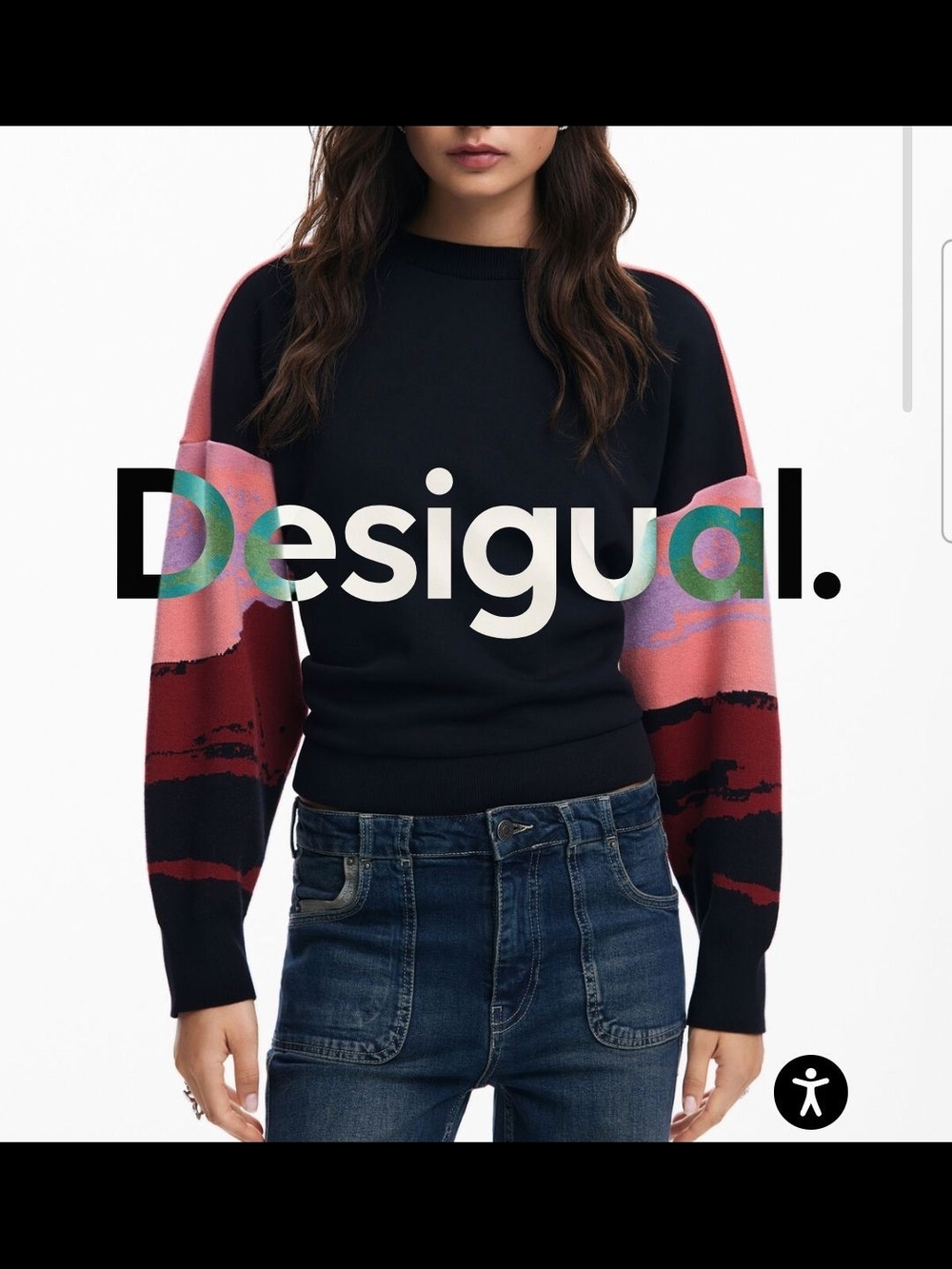 Desigual Black Crewneck Sweater with Pink and Burgundy Sleeve Panels